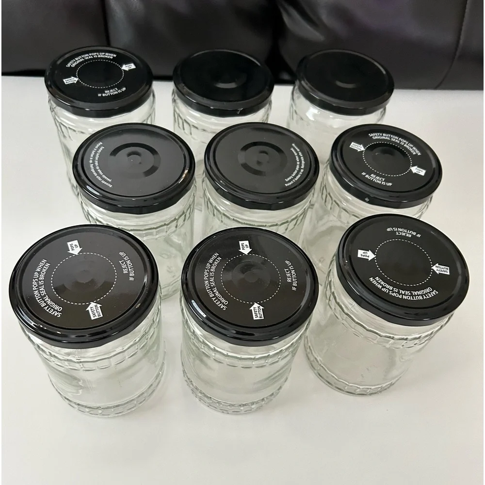Lot of 9 Glass Jars +Black Metal Lids for Canning Crafts Storage Christmas Gifts